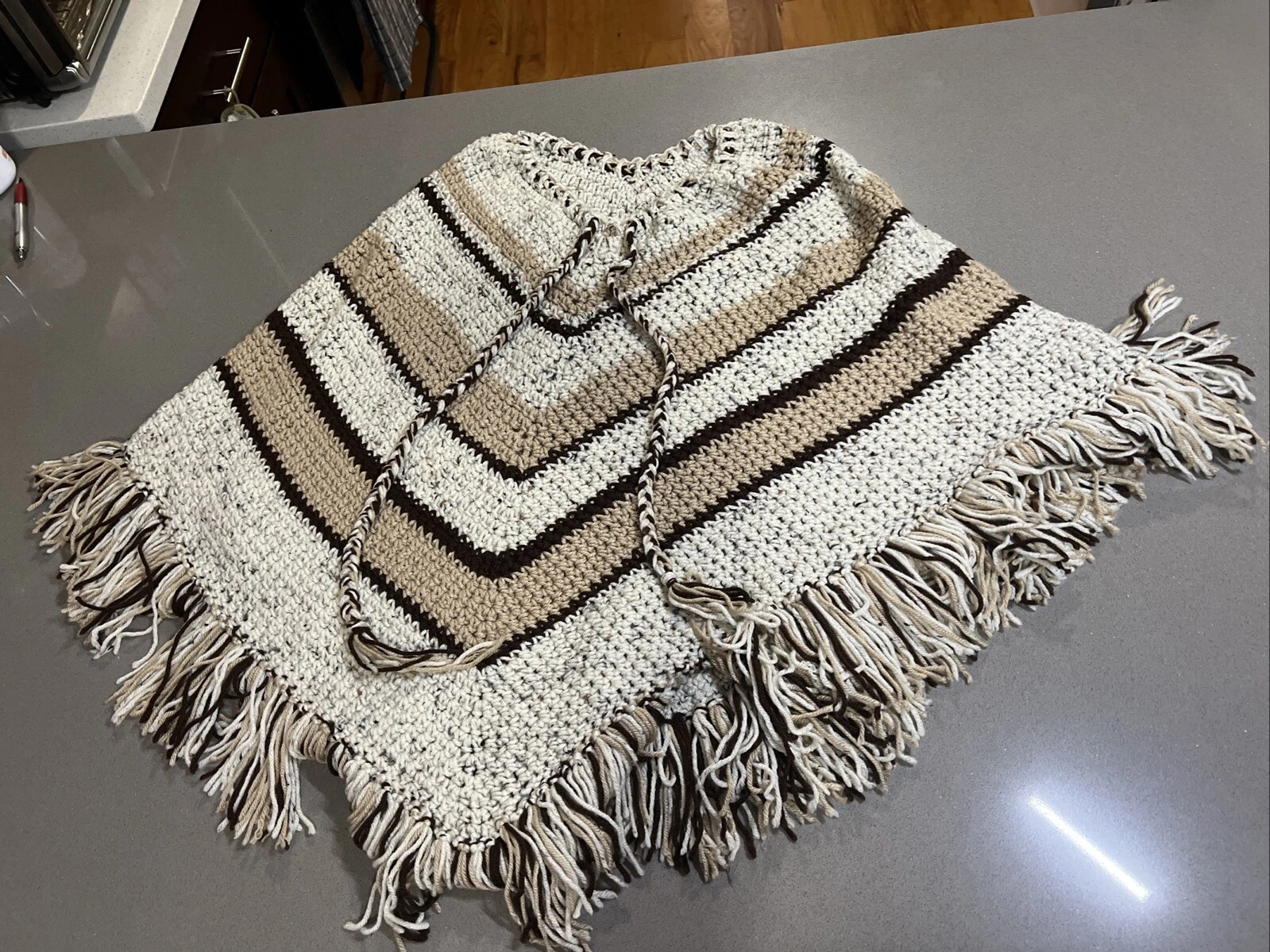 HANDMADE CROCHETED MULTI COLOR Poncho Women One Size Fits Most Beige Brown Tan