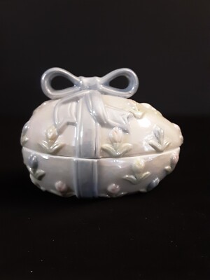 Cornerstone Creations Easter Egg Trinket Box Irridescent Blue Bow Pastel Tulips