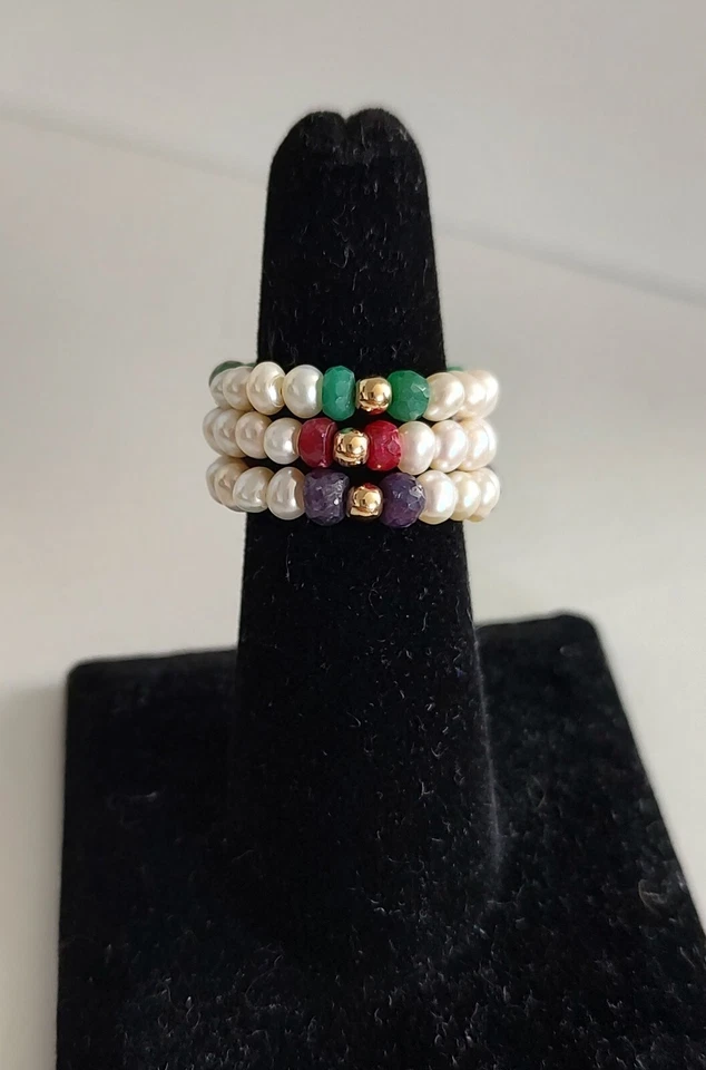 14K Gold Pearl Sapphire Ruby Emerald Stackable Rings - Image 4 of 4