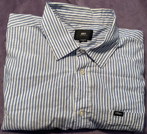 OBEY MENS SHORT SLEEVE BUTTON SHIRT Med. Blue and White Stripe