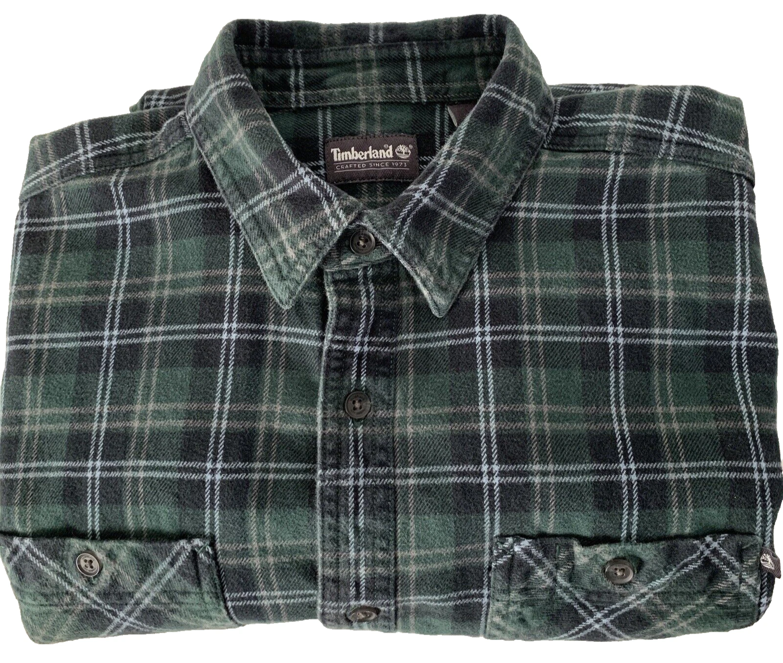 Timberland Men's Size M Long Sleeve Flannel Green Plaid Shirt Logo Front Pockets