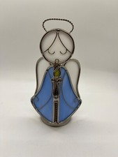 Angel Holding Candle White Blue Stained Glass Christmas Suncatcher 5.75  Tall