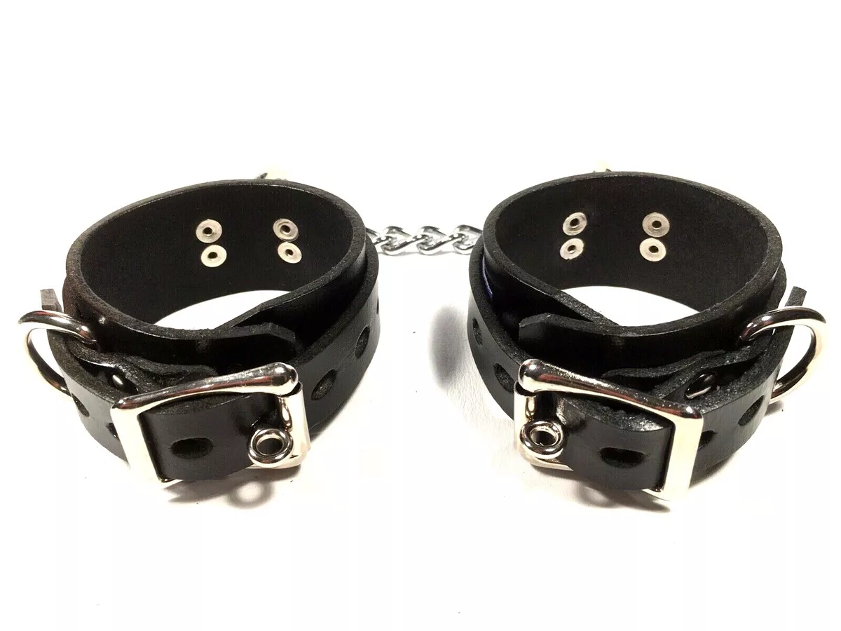 Lockable LEATHER Handcuff Bondage Wrist Cuffs with Chain Cuff band