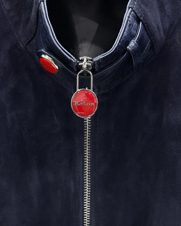 Kiton Genuine Suede Navy Blue Leather Men's Luxury Bomber Jacket - Image 3 of 4