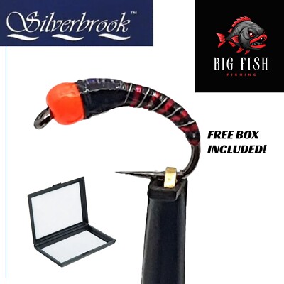 12x Black + Red Hot Head Weighted Barbless Buzzer Forellenfliege Größe 10/12 + GRATIS BOX