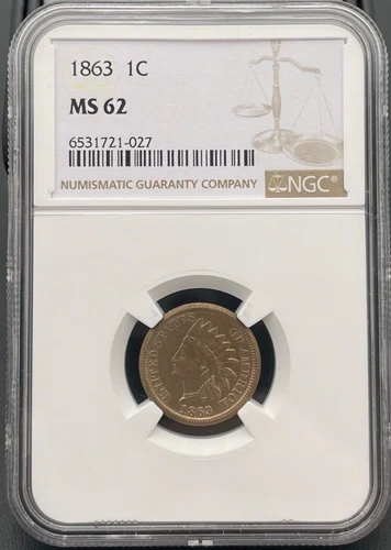 1863 Indian Head Cent, NGC MS 62, Copper-Nickel, Oak Wreath with Shield