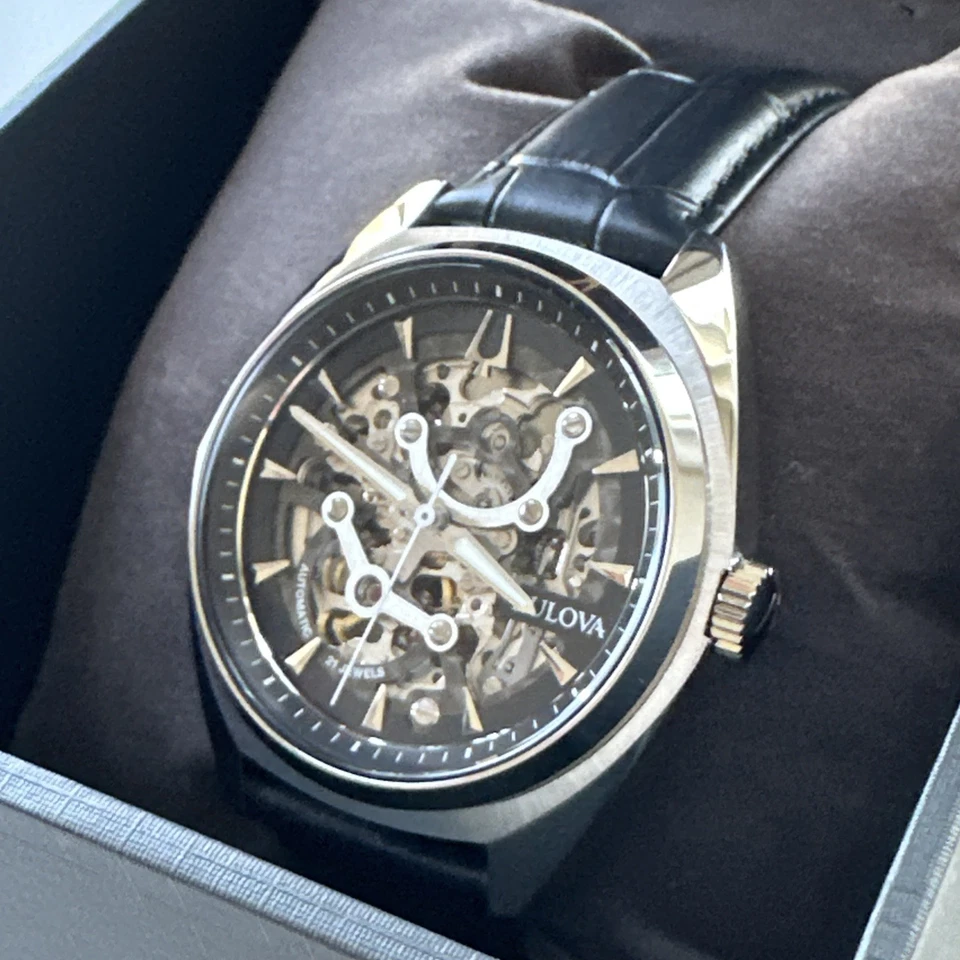 Bulova Reloj Hombre Clásico Automático Completo Esqueleto Cuero Negro 41 MM 96A310 Foto 3 de 4