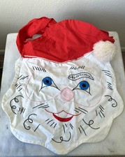Vintage Kitschy Embroidered Santa Claus Face Christmas Handmade Half Apron Pom