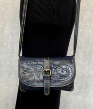 PATRICIA NASH Dk Blue Torri Floral Tooled Leather Flap Small Crossbody Bag Purse