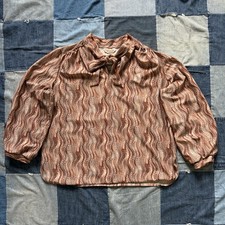 70s psychedelic peggy lou california groovy tie neck tan blue shirt puff sleeve