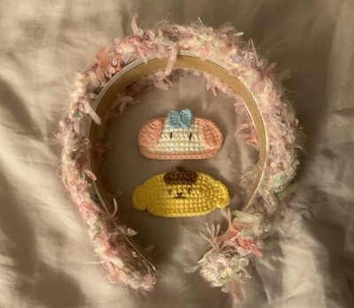 Handmade Crochet Sanrio Inspired My Melody and Pompom Purim Hair clips Bundle