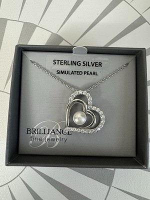 Brilliance Sterling Silver Simulated Pearl Heart Pendant Necklace Cable Chain