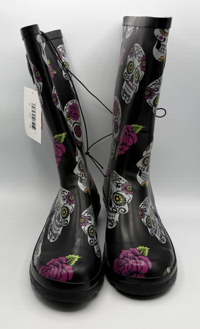 Women’s Black Rubber Boots With Sugar Skulls Size 9 Brand 100 % Rubber  New