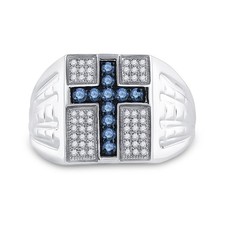 Sterling Silver Mens Round Blue Color Enhanced Diamond Cross Religious Ring