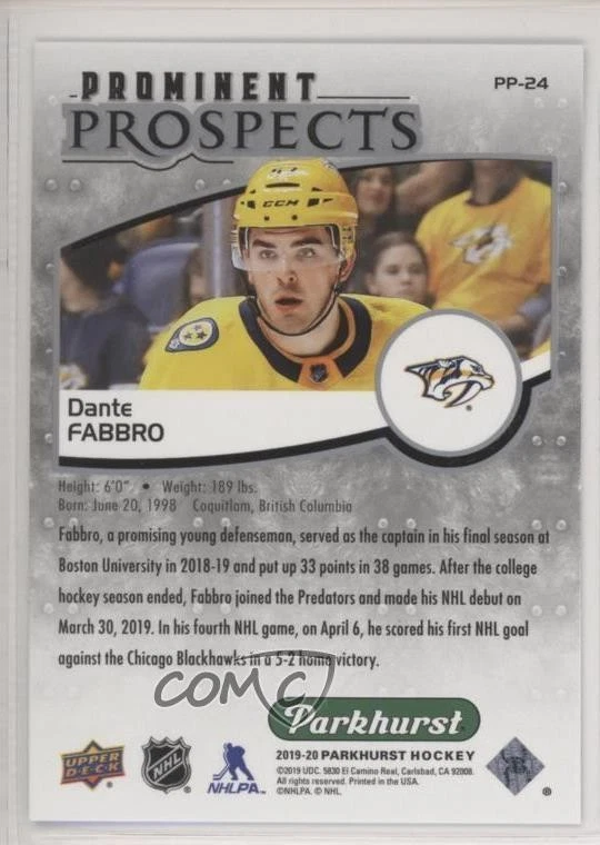 2019-20 Upper Deck Parkhurst Prominent Prospects Dante Fabbro #PP-24 Rookie RC - Image 2 of 2