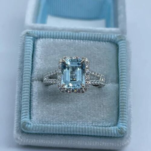 2.50Ct Emerald Cut Simulated Aquamarine Engagement Ring In 14K White Gold Plated - Picture 2 of 5