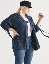 LUCKY BRAND Women's Cinched Sleeve Striped Cardigan Navy Blue Size 1X NWT 89