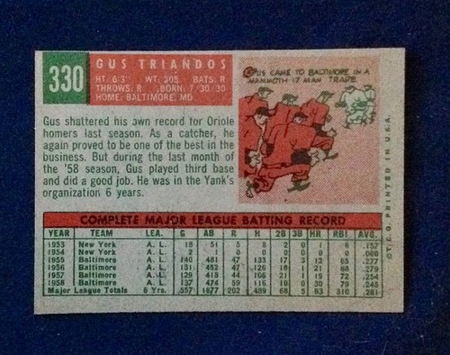 1959 Topps Baseball #330 Gus Triandos Baltimore Orioles EX-EX-MT ENVÍO GRATUITO - Imagen 2 de 2
