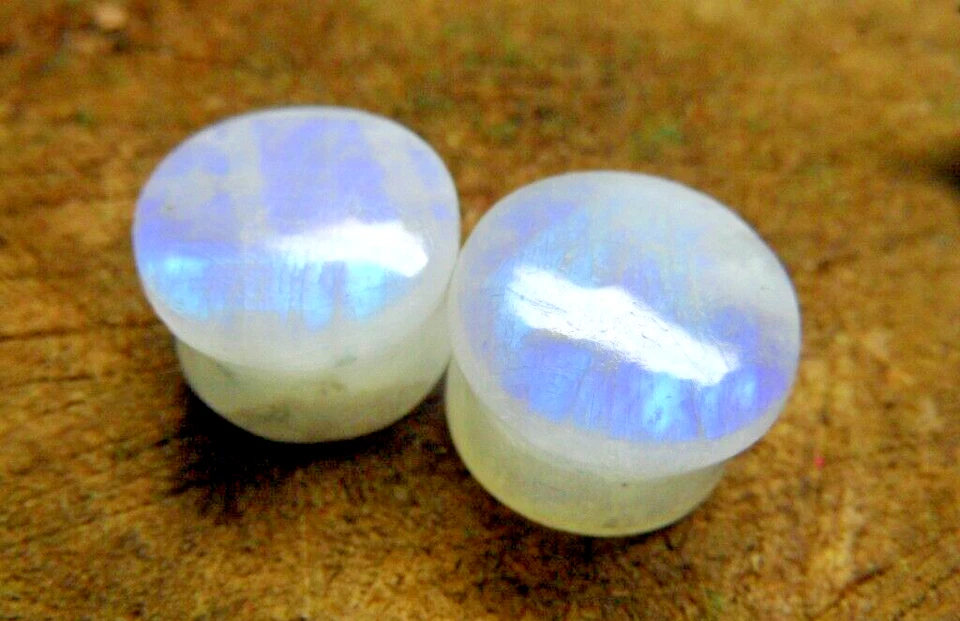 Pair Rainbow Moonstone Earring Ear Gauge & Double Flare Plugs Best Body Jewelry - Image 2 of 4