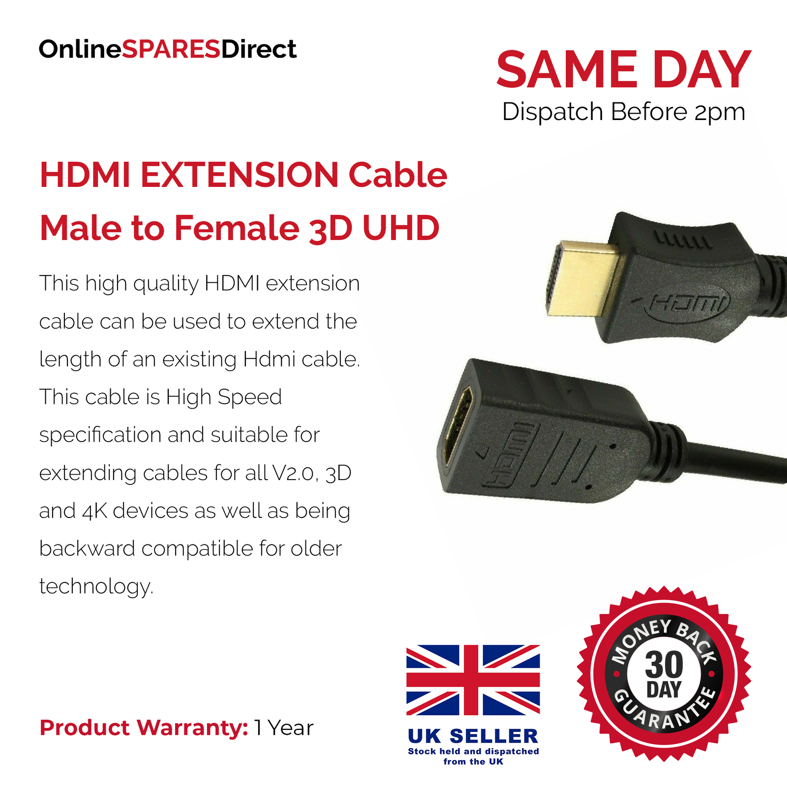 0.5m/1m/1.5m/2m/3m/5m/10m HDMI EXTENSION Cable Male to Female 3D UHD TV High ...