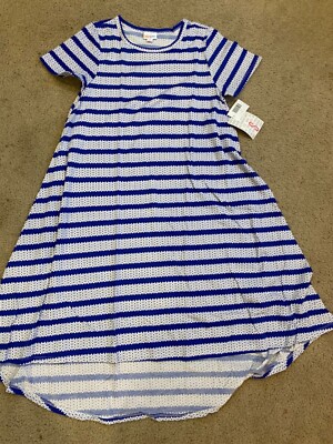 LulaRoe Carly Dress Blue White Striped chevron Geometric Hi Lo Swing Sz Small