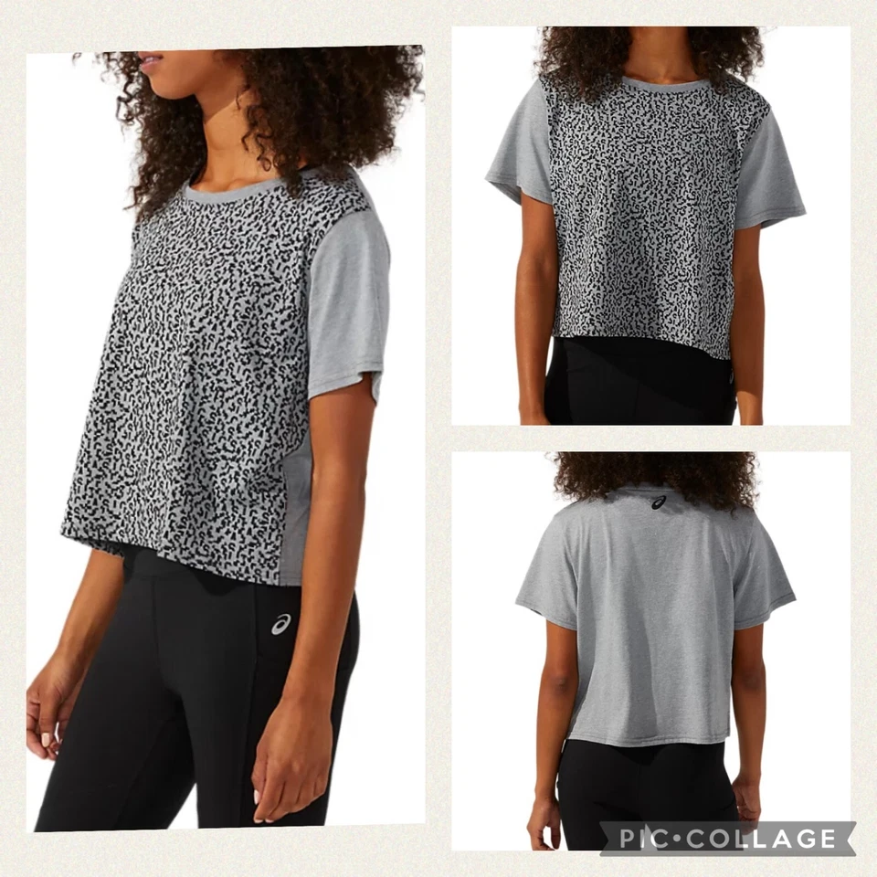 Camiseta Asics L Gris Negro Patrón Abstracto Cuadrada Recortada Ropa Activa Abertura Lados OT Foto 2 de 4