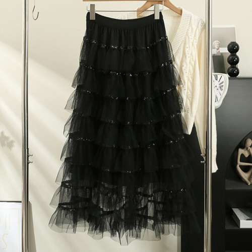 Summer Sequin Ruffles Tiered Midi Layered Girl Lace Mesh Skirts Casual Dress - Afbeelding 9 van 14