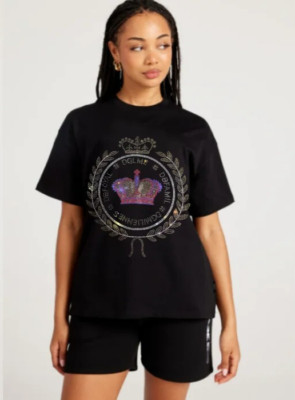 New Women Luxury Diamond Crown Rhinestones Black White T-Shirt High Quality