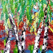 Birches Painting Colorado Original Art Impasto Oil 8x8 Birches