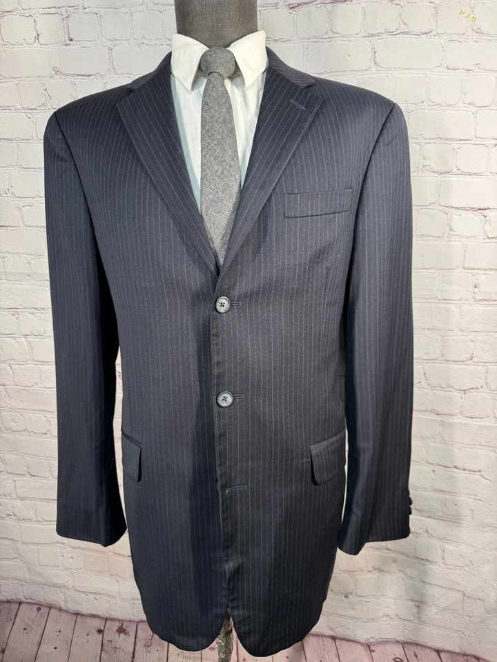 STAFFORD Mens Navy Blue Wool Pinstripe Pleated 2 Pc Suit 40L Jacket 36x32 Pant - Image 2 of 4