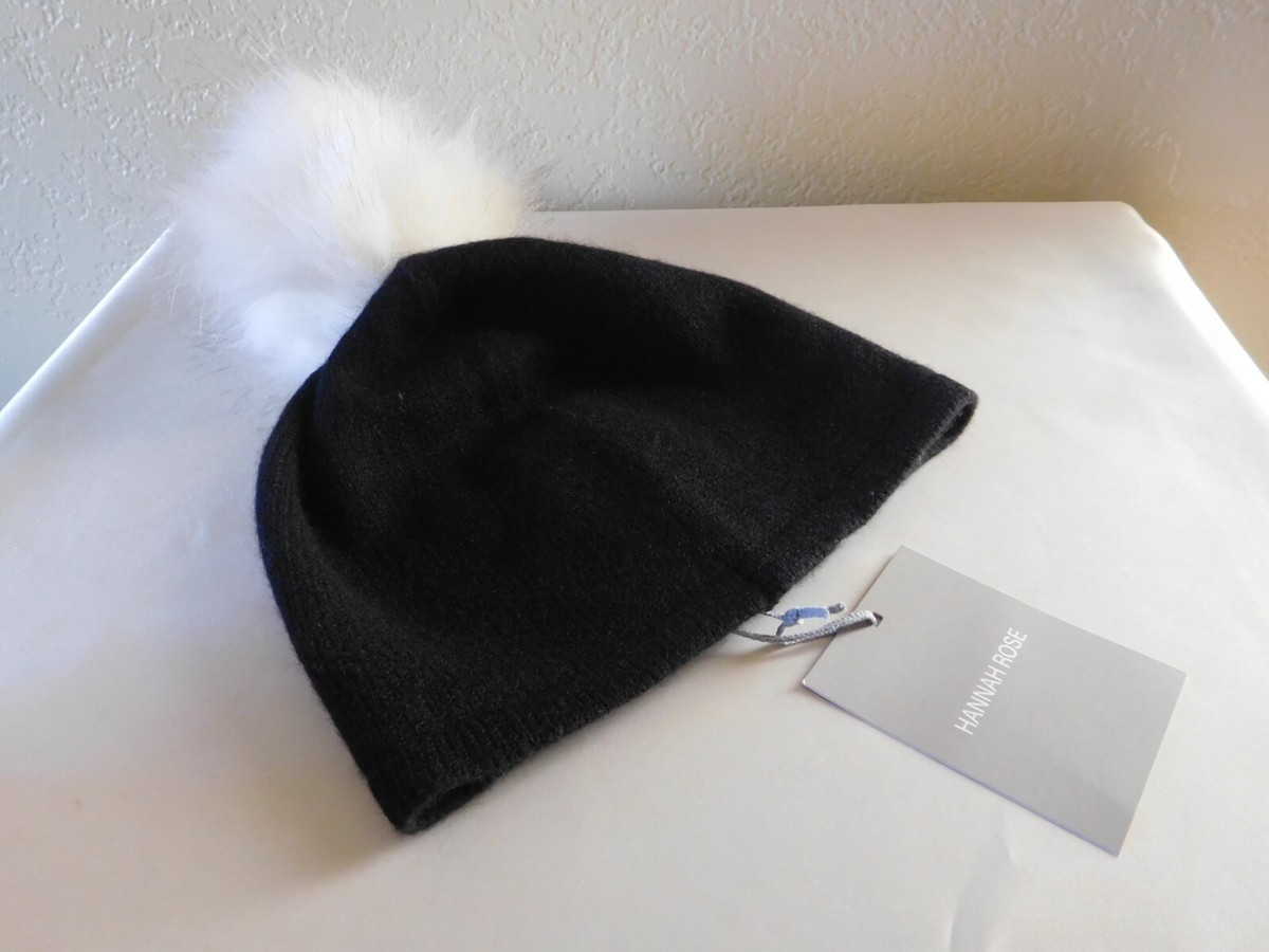 HANNAH ROSE ⚜ WOMEN\'S BLACK CASHMERE WINTER POMPOM HAT New Hannah Rose Black Cashmere Knit Cashmere Hat With White  main image 4