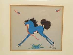 Vintage Pop Chalee Merina Lujan Blue Horse Signed Silk Screen Framed Print 1969