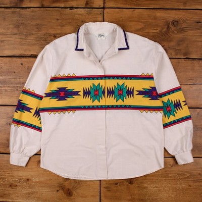 Vintage Roper Western Hemd mit Knöpfen L Herren 90er Baumwolle Aztekenmuster Cowboy weiß