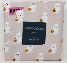 Cynthia Rowley Halloween Queen Size Sheet Set 4pc Ghost with Pumpkin Basket NEW