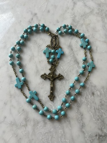 Handmade Turquoise Howlite Gemstone /Bronze Our Lady Of Grace Rosary - Picture 1 of 4