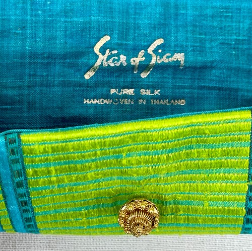 Star of Siam Thai Silk Clutch Purse Lime Green Turquoise Vintage Cylinder MINT - Picture 8 of 9