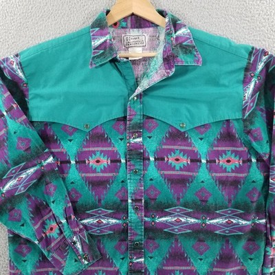 Vintage H Bar C Shirt Mens Large Green Purple Western Pearl Snap Aztec USA Made