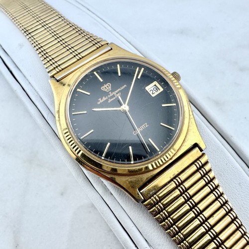 Jules Jurgensen Day Date Quartz Watch Gold 4886 Black Dial - Has New Battery - Picture 2 of 14