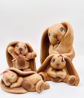 Vintage Ceramic Bunny Family Set of 4 Hand Painted Artist Signed MO Easter Decor