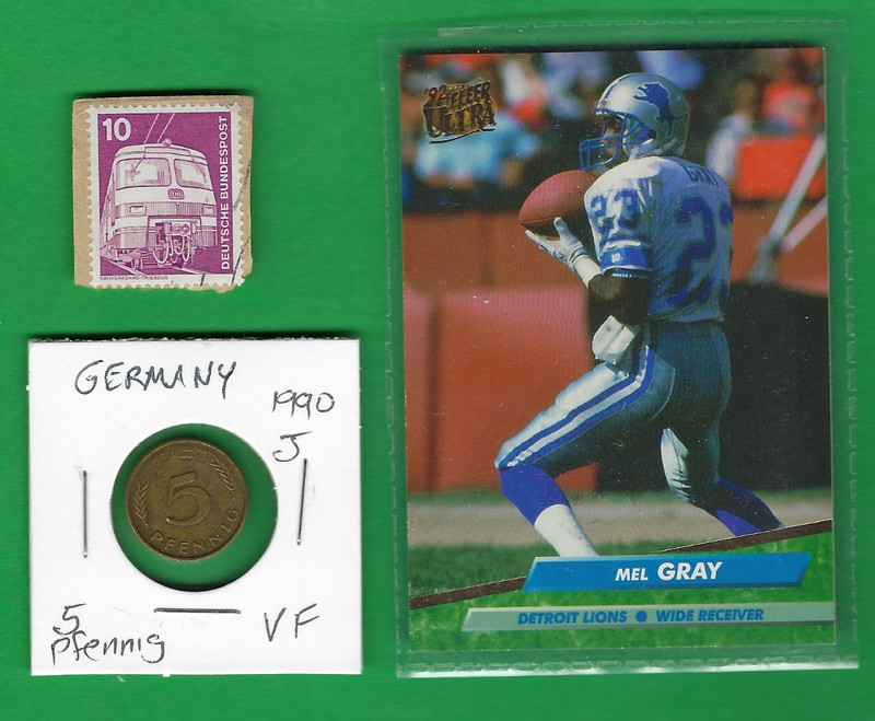 GERMANY 1990 J 5 PFENNIG COIN (VERY FINE) & STAMP ~ LOT #75 (*-*) + SPORTS CARD