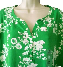 NWT Style & Co Green White Floral Split Neck Buttons Short Sleeve Knit Top 3X