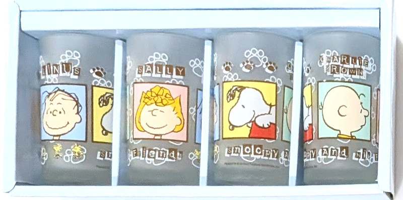 Snoopy & Friends 4 Frosted Glasses Boxed Set Peanuts Charlie Brown Sally Linus