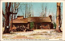Postcard Burton, OH old LOG CABIN SUGAR CAMP 1930's Maple Syrup Bucket Trees