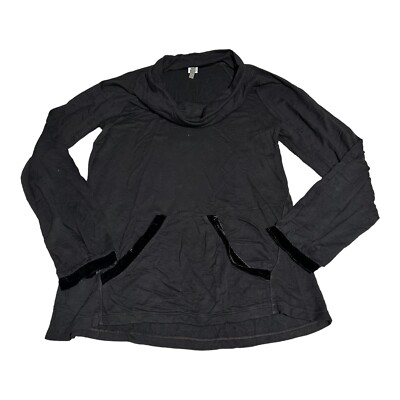 XCVI Long Sleeve Cowl Neck Tunic Top Women s S Black Velvet Trim Kangaroo Pocket