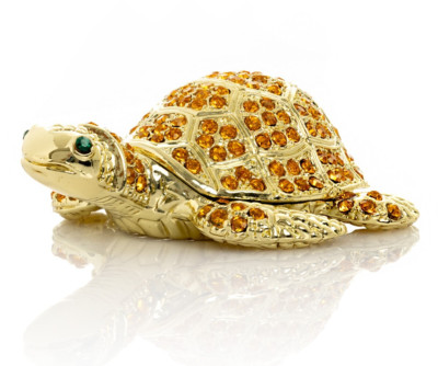 Keren Kopal Golden Turtle Hand made Trinket box Decorated with Austrian Crystals