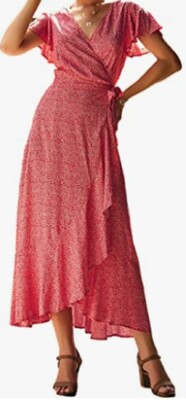 Summer Maxi Wrap Dress Amazon Prime Sundresses Women's Boho Floral Maxi  Wrap Dress Short Sleeve Summer Beach Flowy- Med
