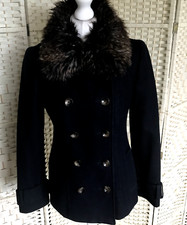 New Size 10 Jasper Conran Navy Blue Wool Blend Short Pea Coat Jacket Fur Collar