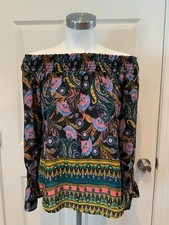 Allison Joy Black Multicolor Floral & Paisley Off Shoulder Shirt, Size XS