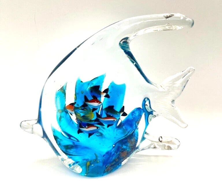 Clear Art Glass Angel Fish Murano Style interior Colorful Fish & Waving Seaweed