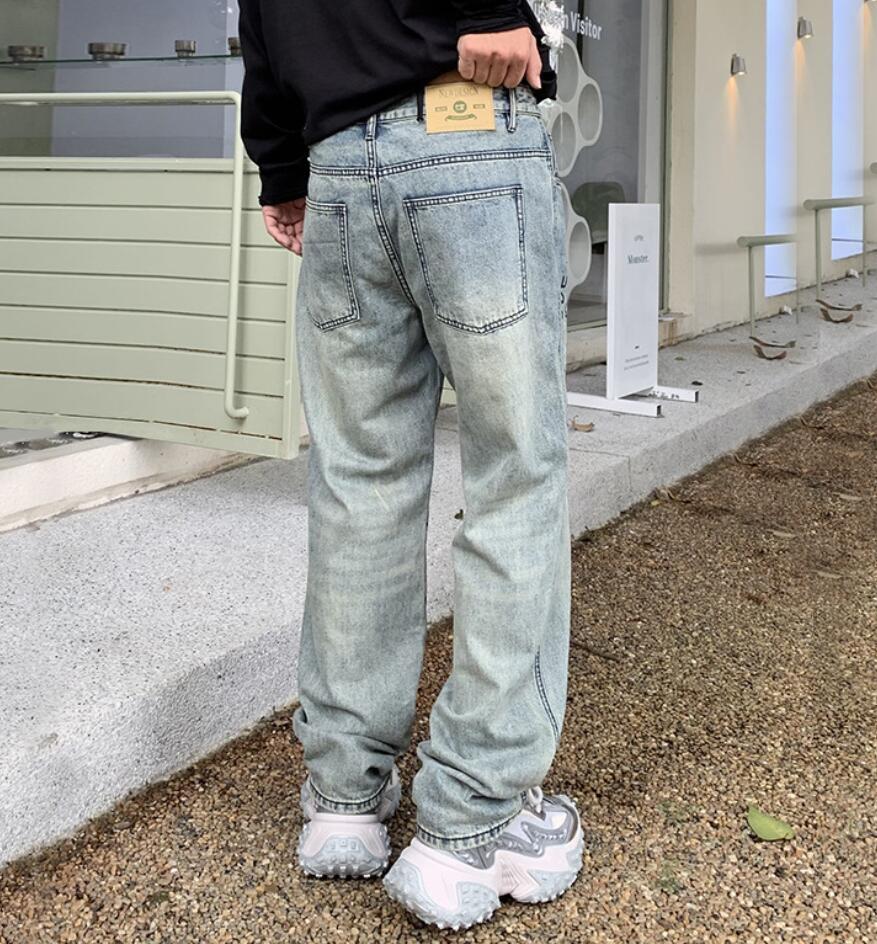 Men's Blue Denim Straight Leg Graffiti Printed Loose Fit Hip
